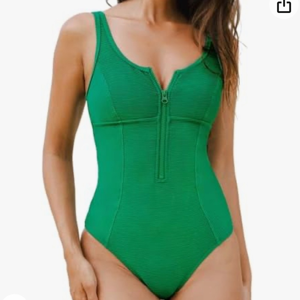 Women's Ribbed Zipper Front Scoop Neck Available in Plus One Piece Swimsuit